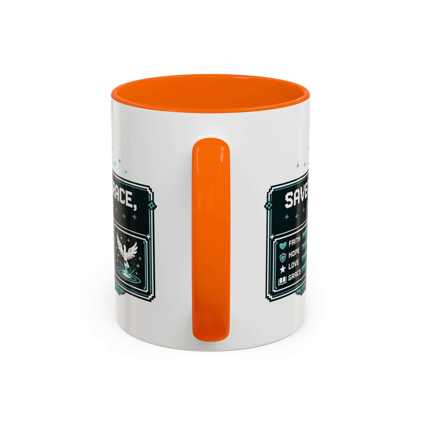 Christian Coffee Mug — "Saved by Grace, Not XP" Gamer Faith Accent Mug