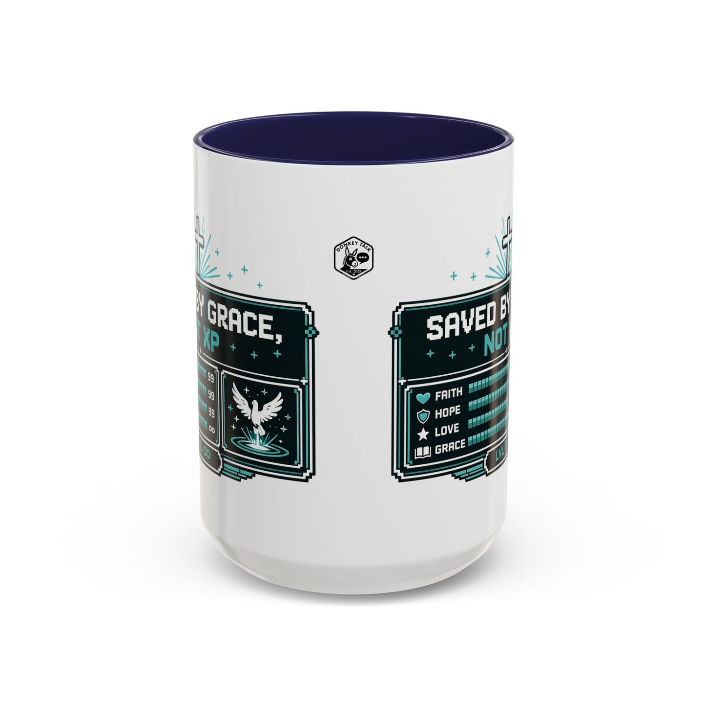 Christian Coffee Mug — "Saved by Grace, Not XP" Gamer Faith Accent Mug