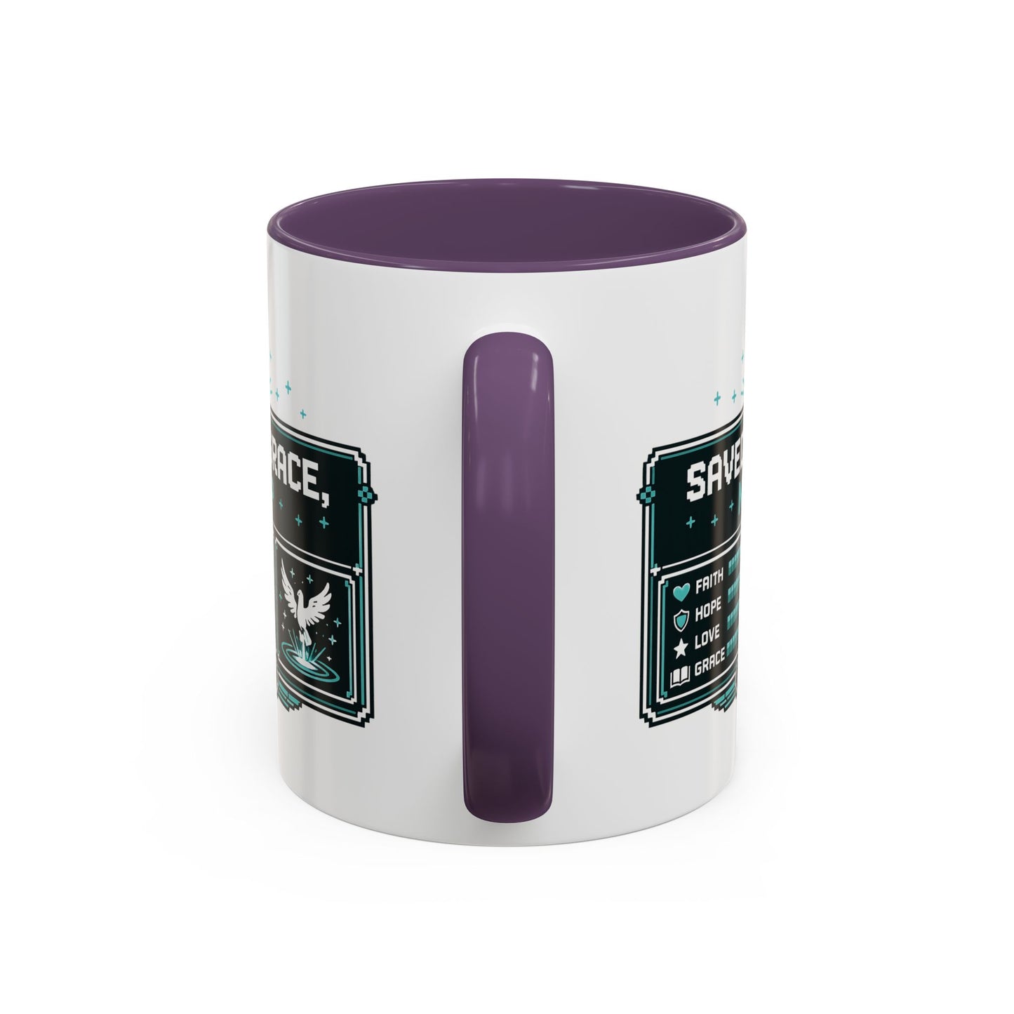 Christian Coffee Mug — "Saved by Grace, Not XP" Gamer Faith Accent Mug
