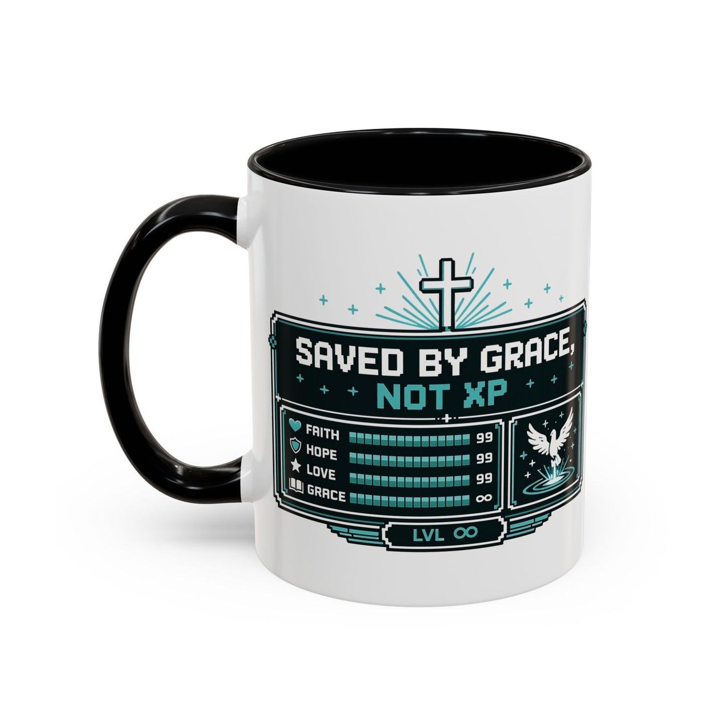 Christian Coffee Mug — "Saved by Grace, Not XP" Gamer Faith Accent Mug