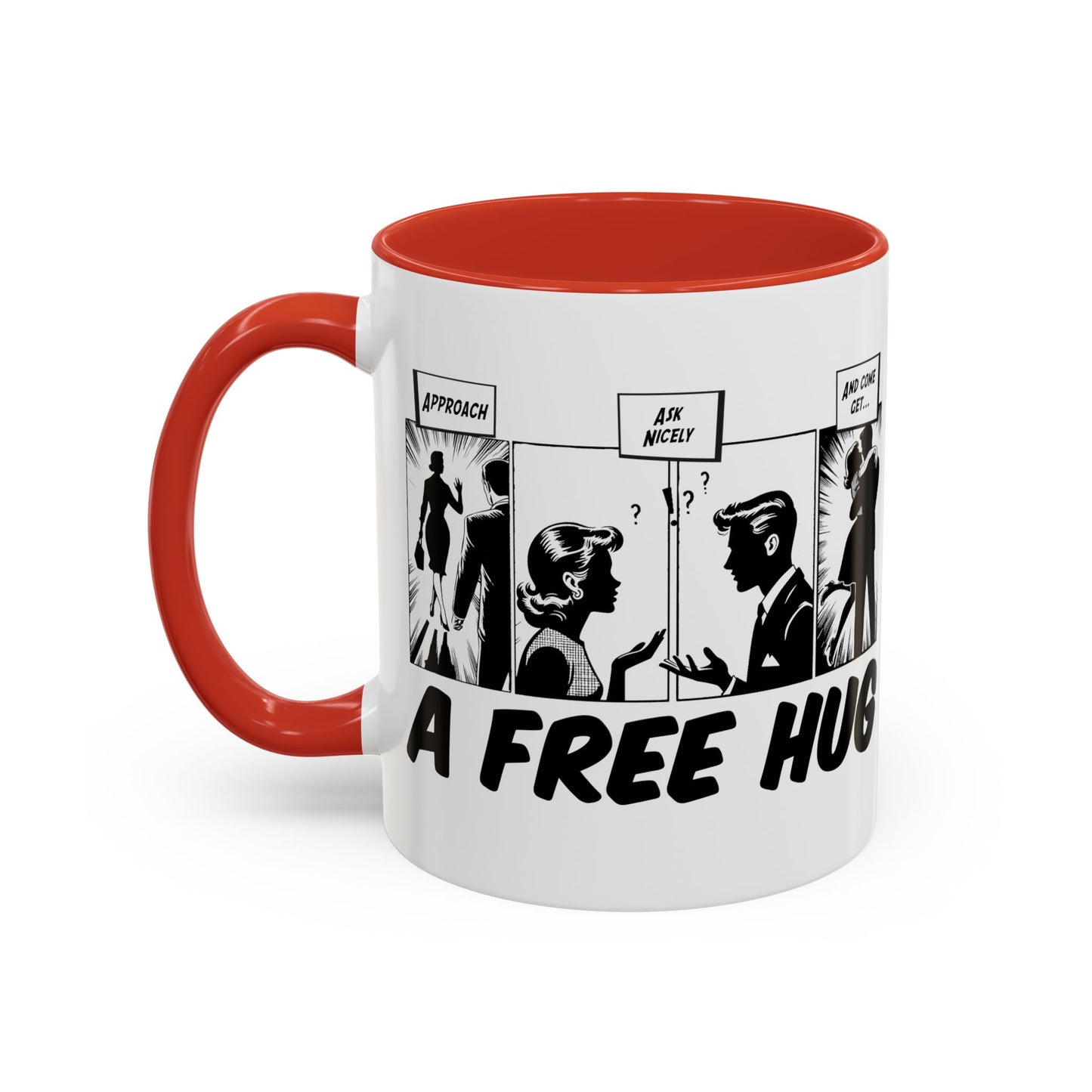 Free Hug Day Accent Coffee Mug – Funny Black & White Comic Speech Bubble Design (11/15 oz)