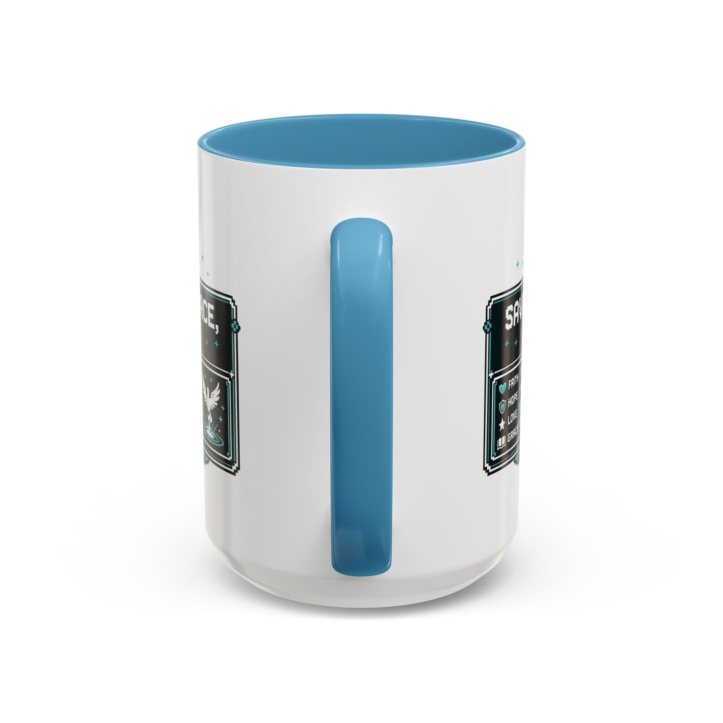 Christian Coffee Mug — "Saved by Grace, Not XP" Gamer Faith Accent Mug