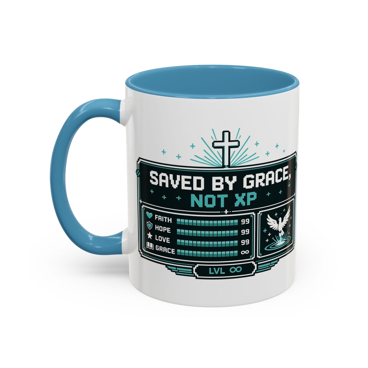 Christian Coffee Mug — "Saved by Grace, Not XP" Gamer Faith Accent Mug
