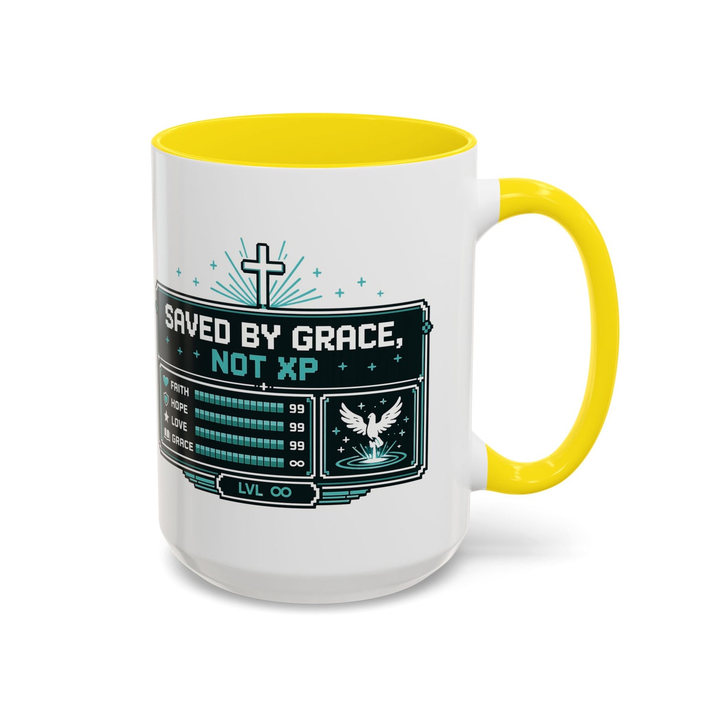 Christian Coffee Mug — "Saved by Grace, Not XP" Gamer Faith Accent Mug