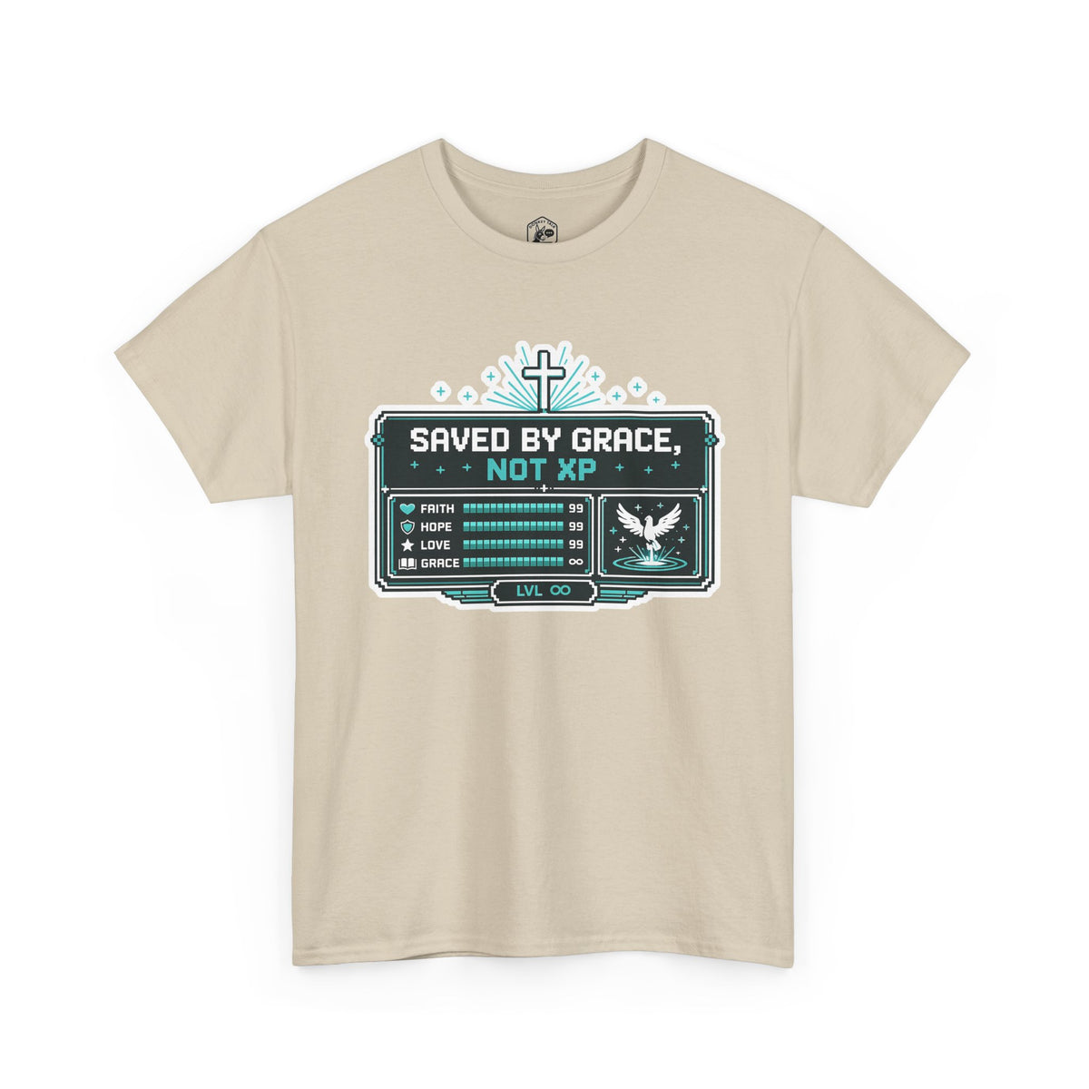 Saved by Grace, Not XP — Christian Gamer T-Shirt for Faith-Filled Gamers