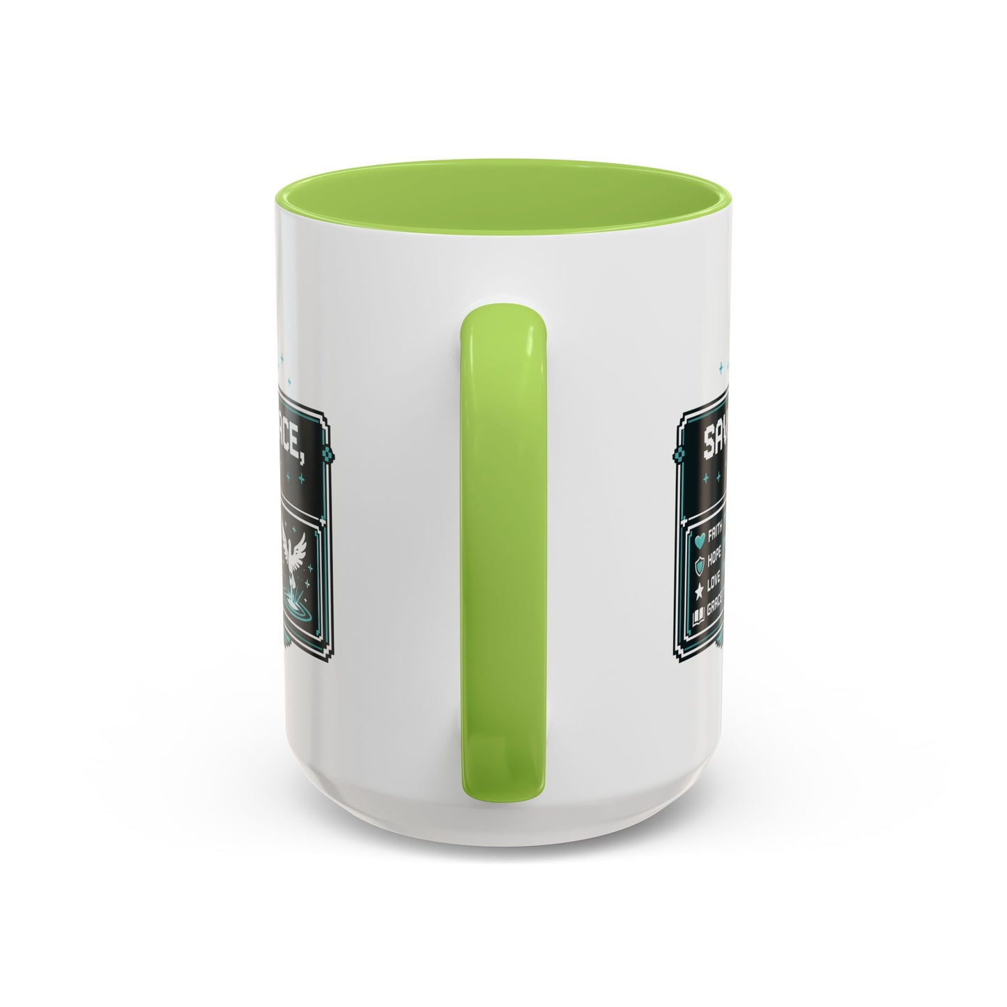 Christian Coffee Mug — "Saved by Grace, Not XP" Gamer Faith Accent Mug
