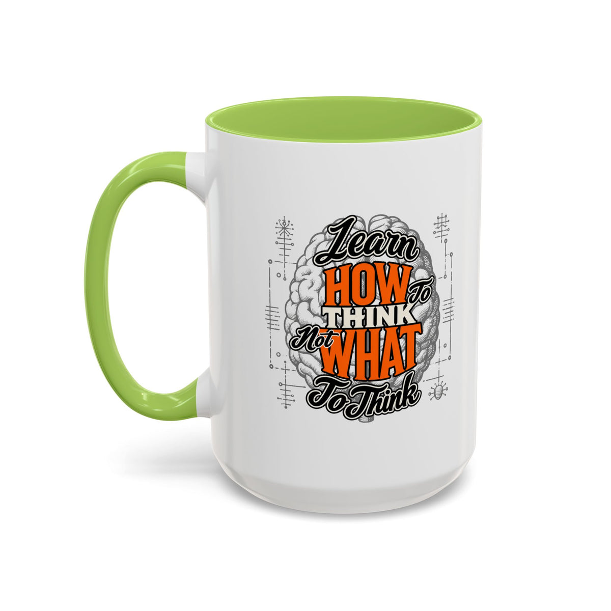 Taza de café con acento: "Aprende a pensar, no qué pensar", taza con frase inspiradora