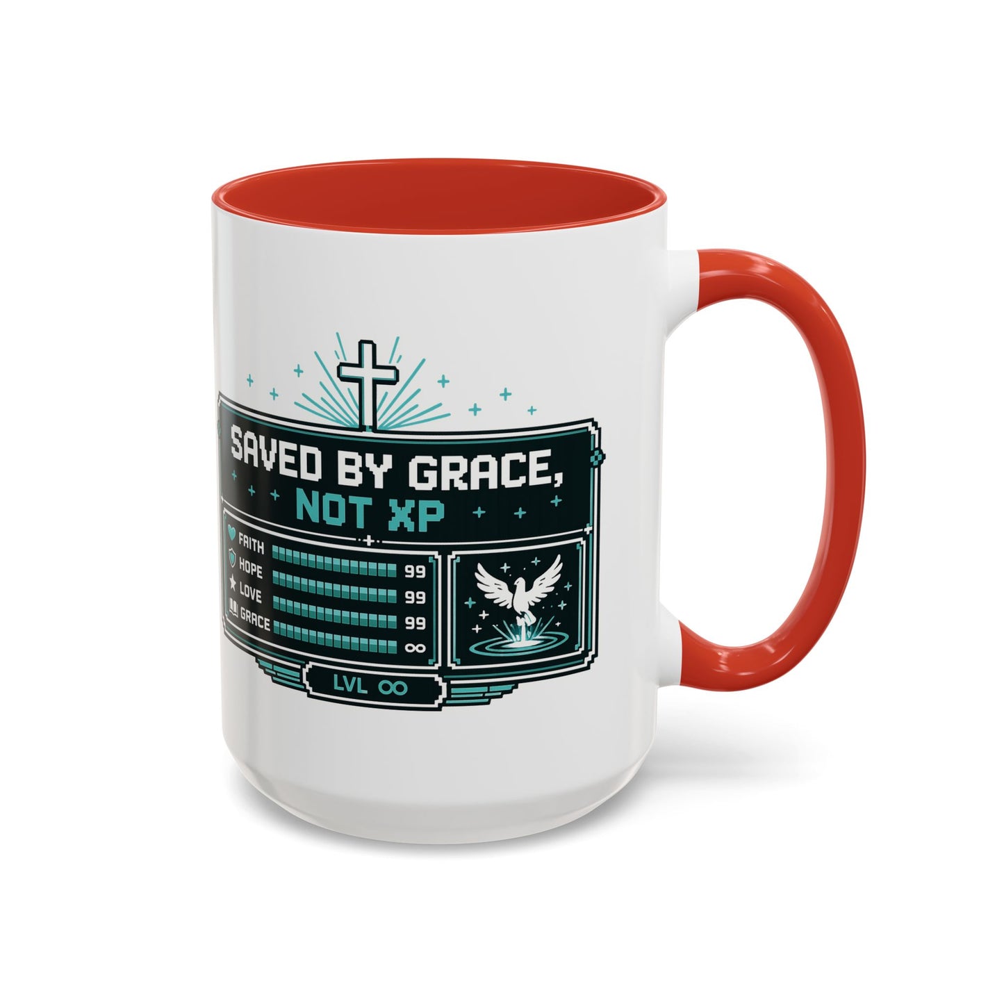Christian Coffee Mug — "Saved by Grace, Not XP" Gamer Faith Accent Mug