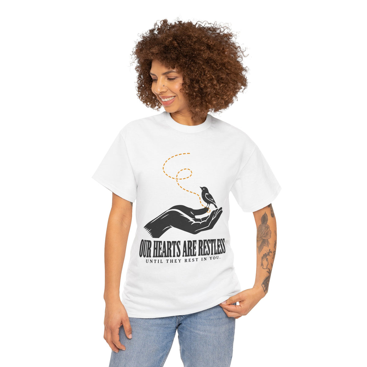 Our Hearts Are Restless Bird in Hand T-Shirt | Augustine Confessions Christian Tee