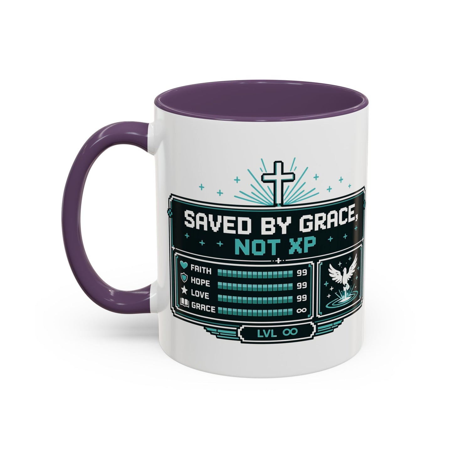 Christian Coffee Mug — "Saved by Grace, Not XP" Gamer Faith Accent Mug