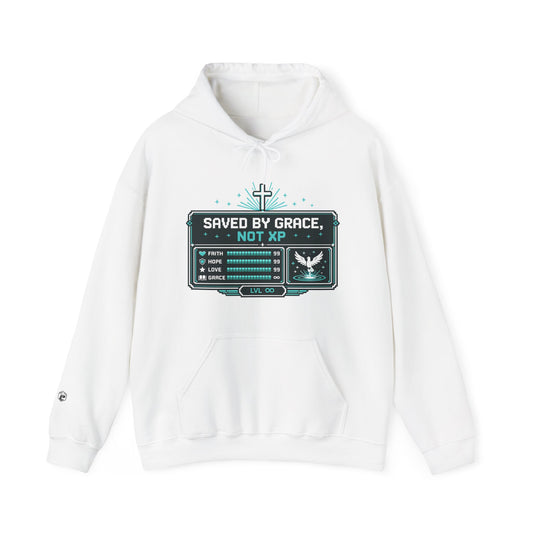 Christian Gamer Hoodie - "Saved by Grace, Not XP" Faith & Gaming Pullover