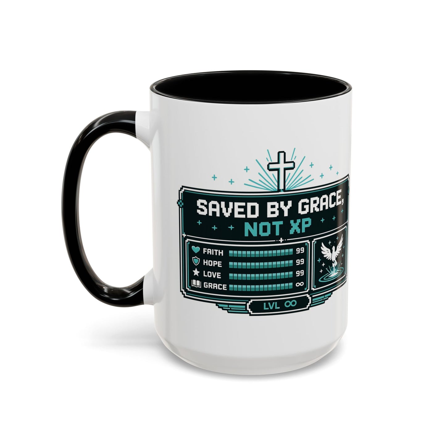 Christian Coffee Mug — "Saved by Grace, Not XP" Gamer Faith Accent Mug