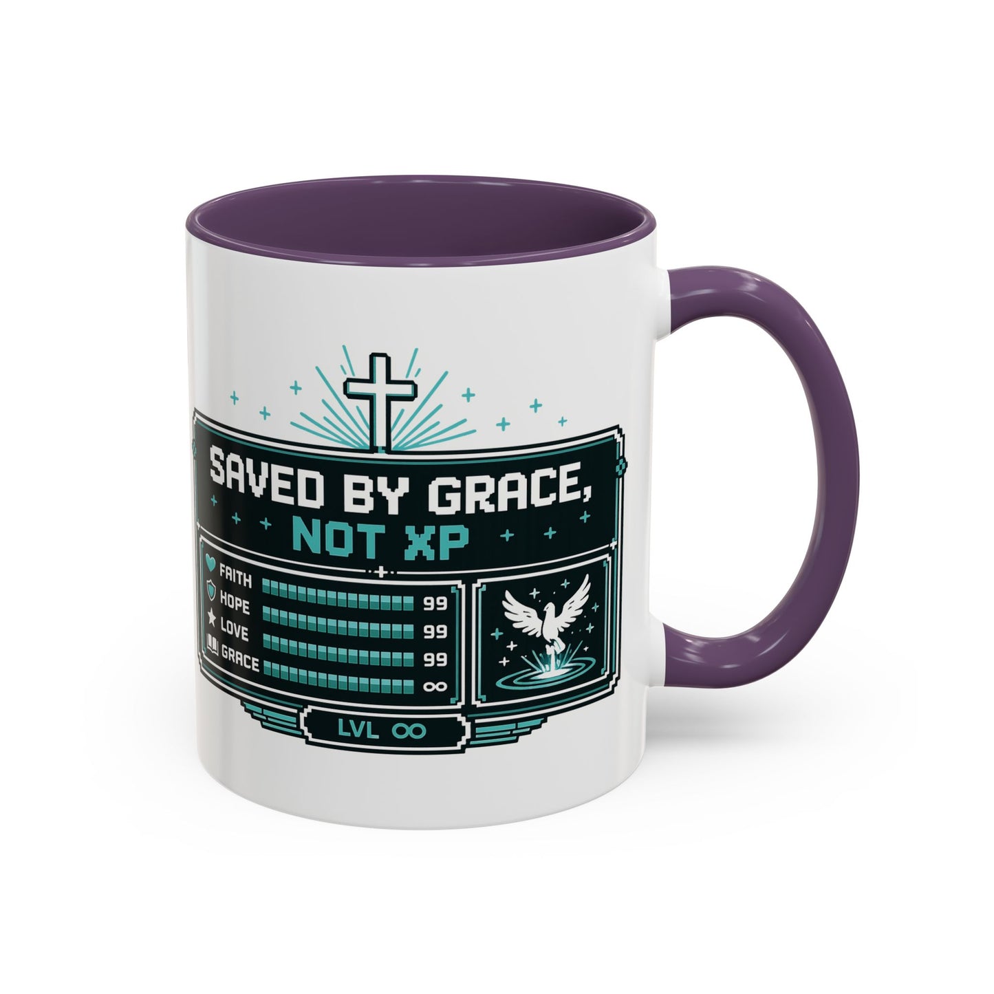 Christian Coffee Mug — "Saved by Grace, Not XP" Gamer Faith Accent Mug