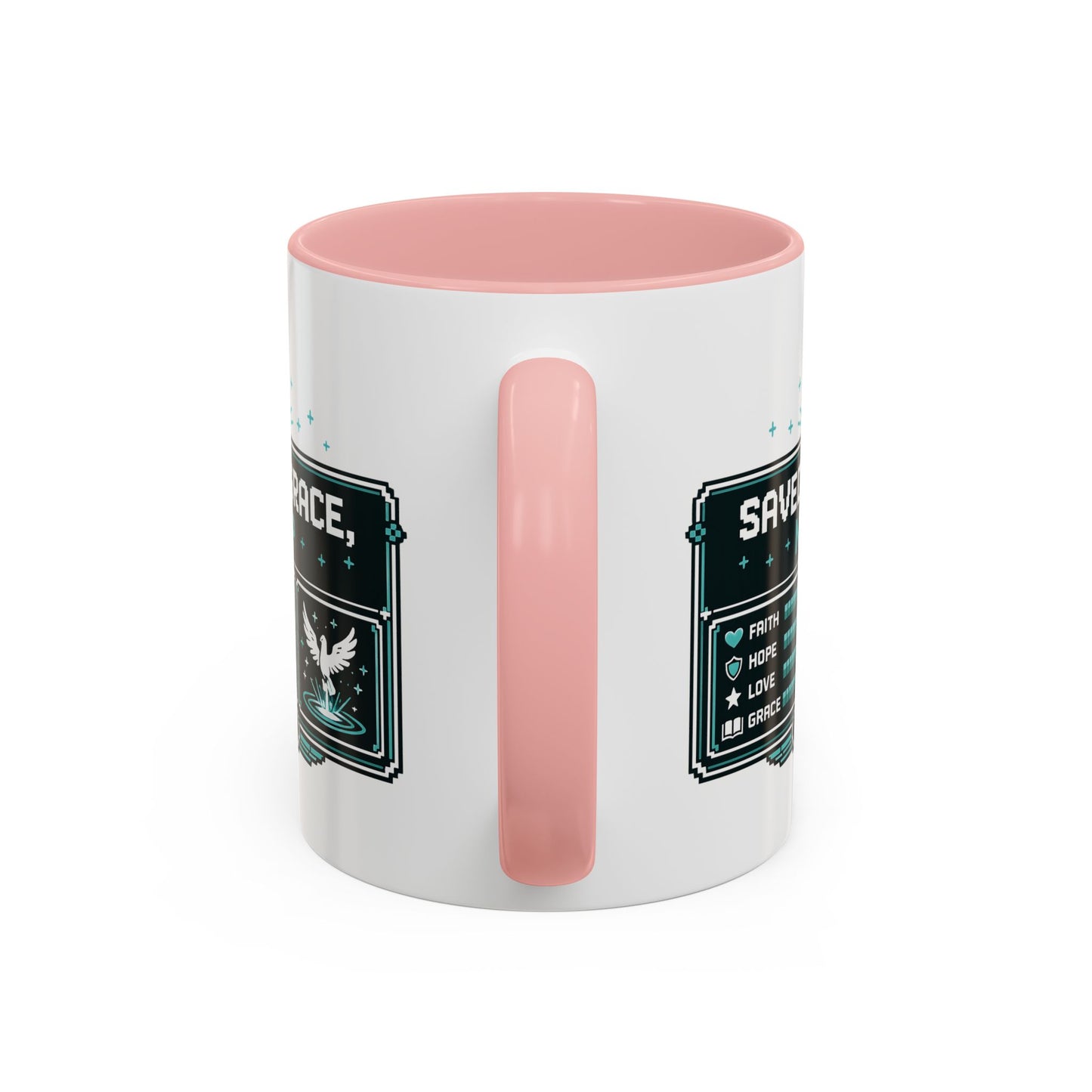 Christian Coffee Mug — "Saved by Grace, Not XP" Gamer Faith Accent Mug