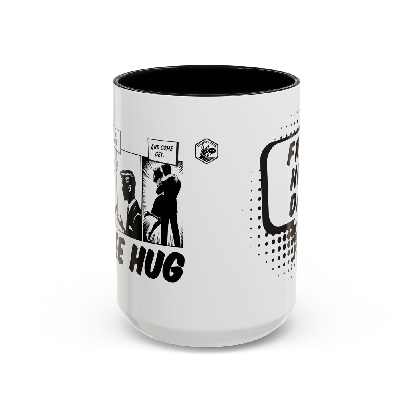 Free Hug Day Accent Coffee Mug – Funny Black & White Comic Speech Bubble Design (11/15 oz)