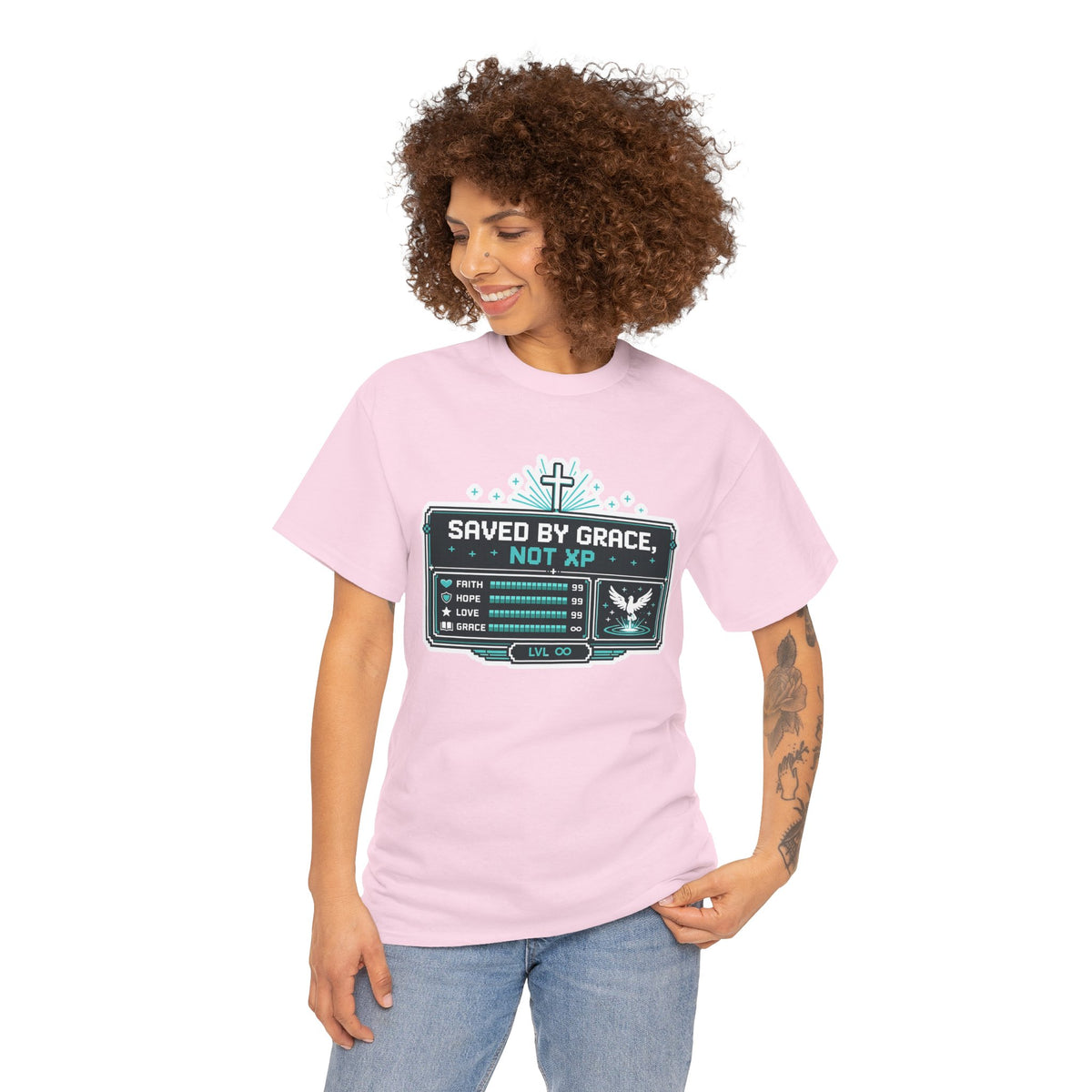 Saved by Grace, Not XP — Christian Gamer T-Shirt for Faith-Filled Gamers