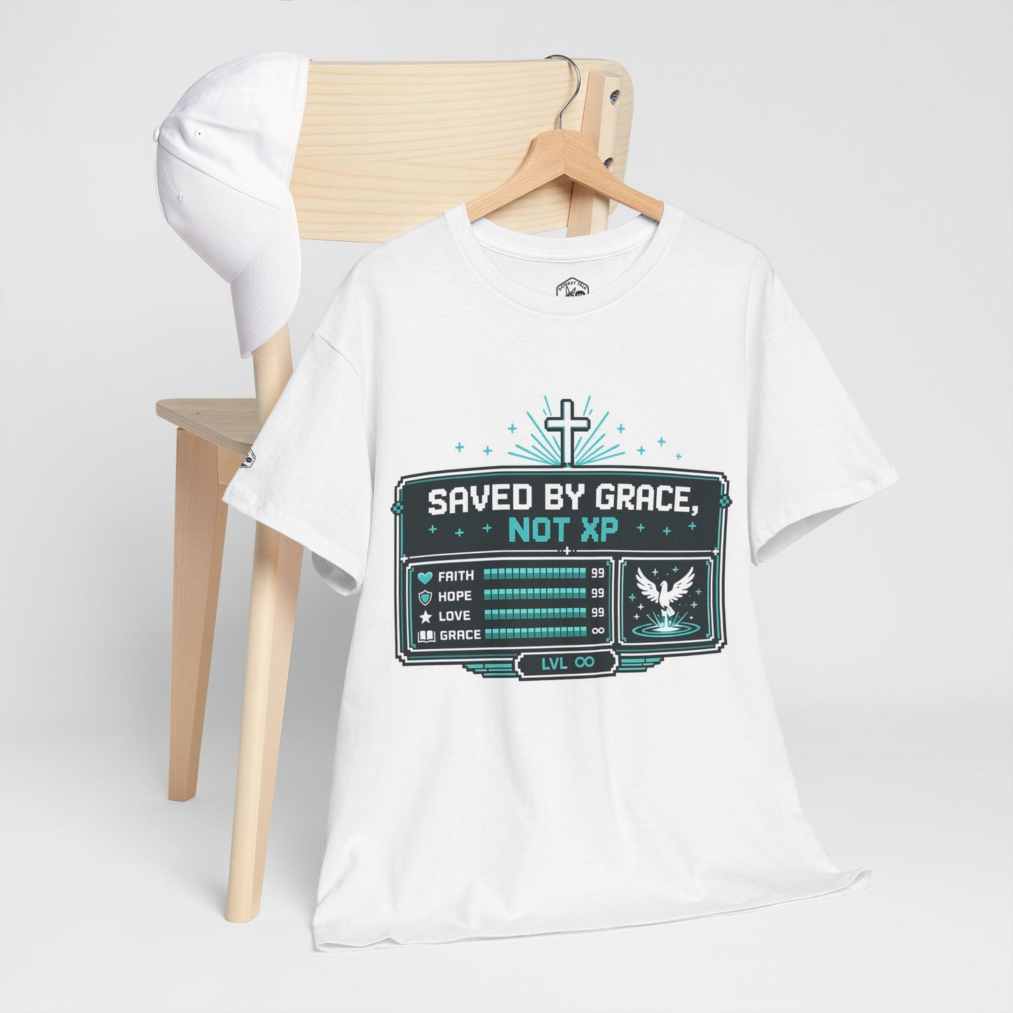 Christian Gamer Tee — "Saved by Grace, Not XP" Graphic T-Shirt
