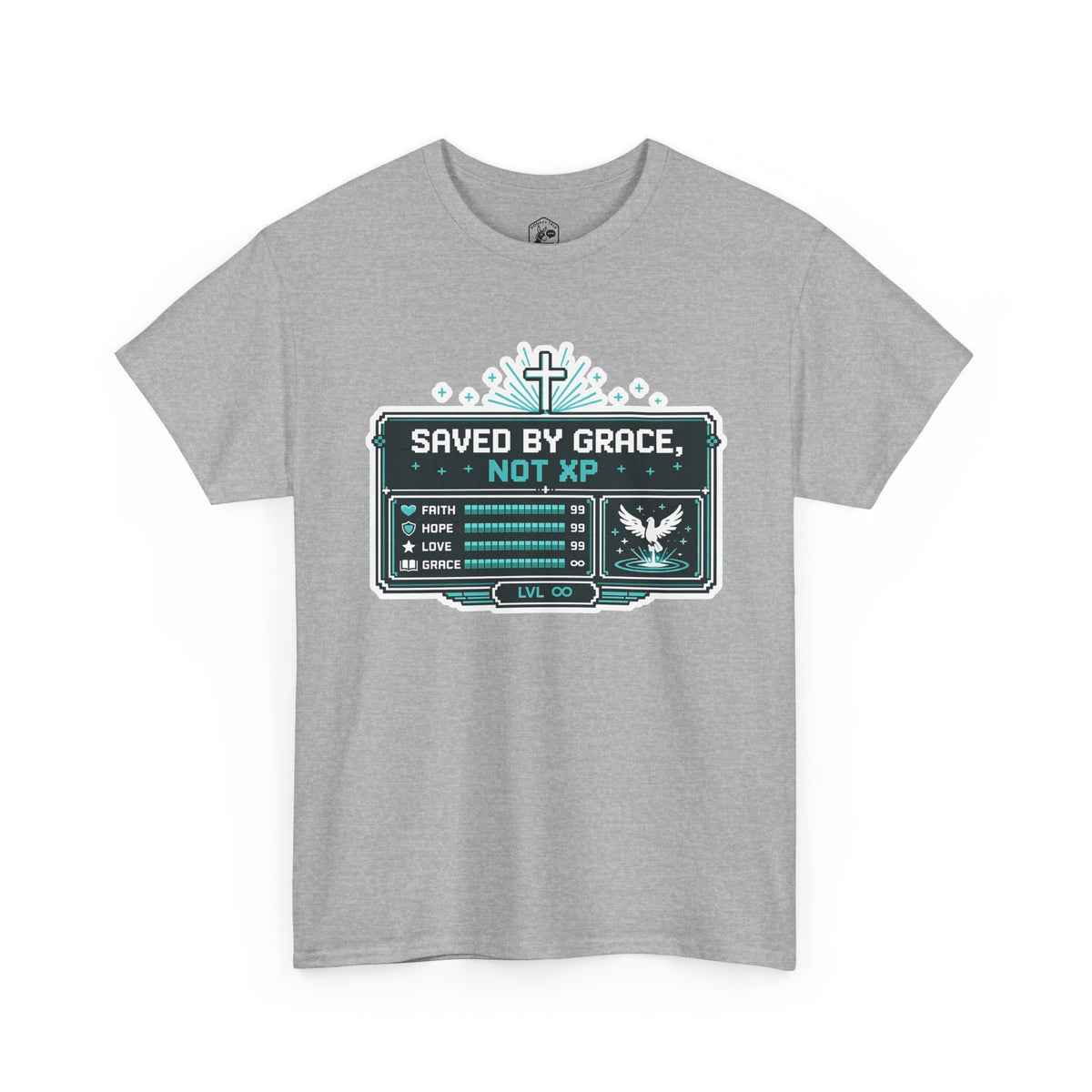 Saved by Grace, Not XP — Christian Gamer T-Shirt for Faith-Filled Gamers