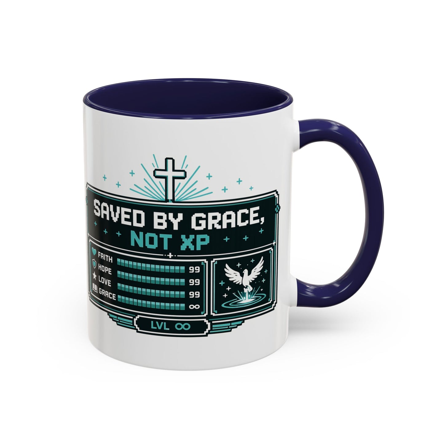 Christian Coffee Mug — "Saved by Grace, Not XP" Gamer Faith Accent Mug