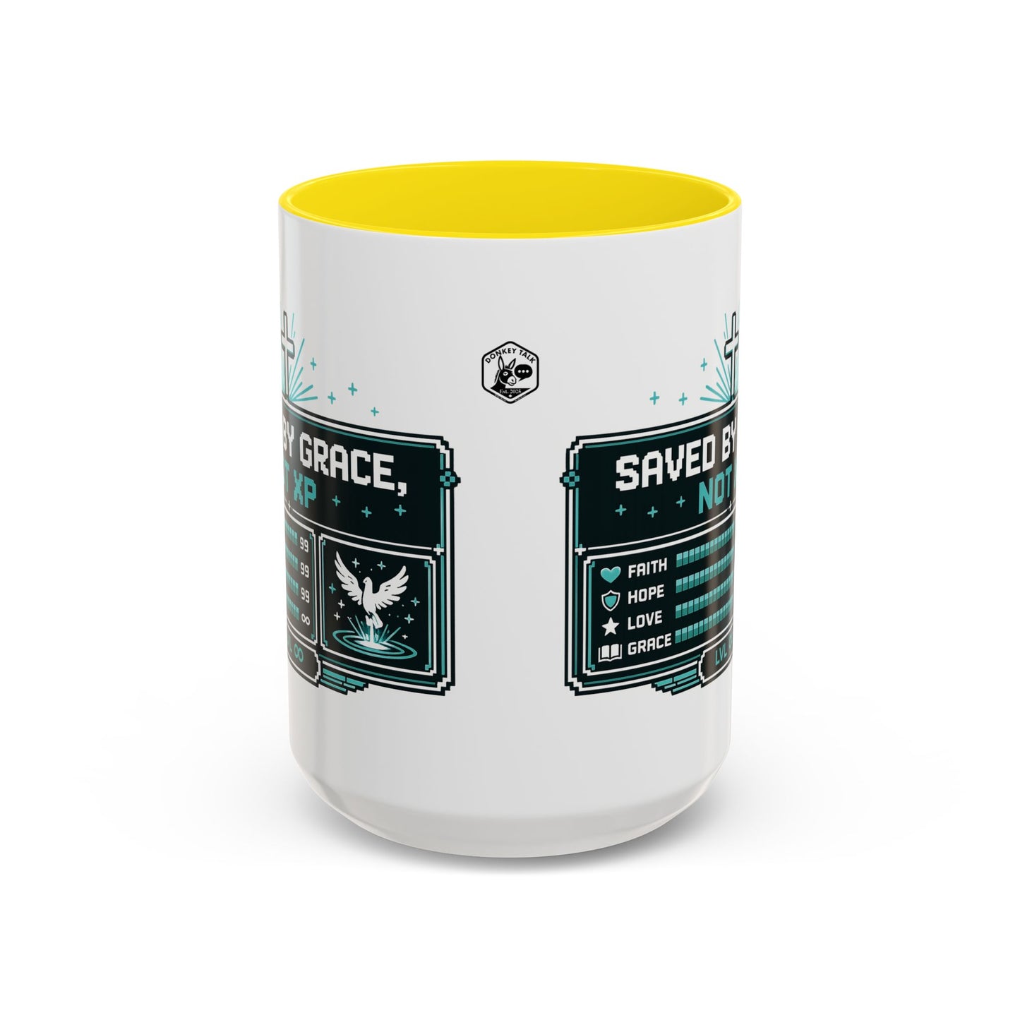 Christian Coffee Mug — "Saved by Grace, Not XP" Gamer Faith Accent Mug