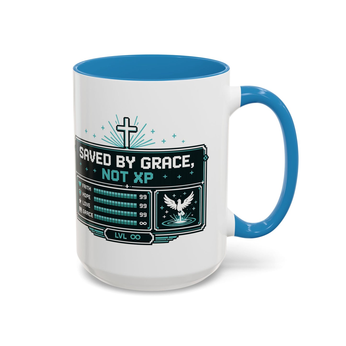 Christian Coffee Mug — "Saved by Grace, Not XP" Gamer Faith Accent Mug