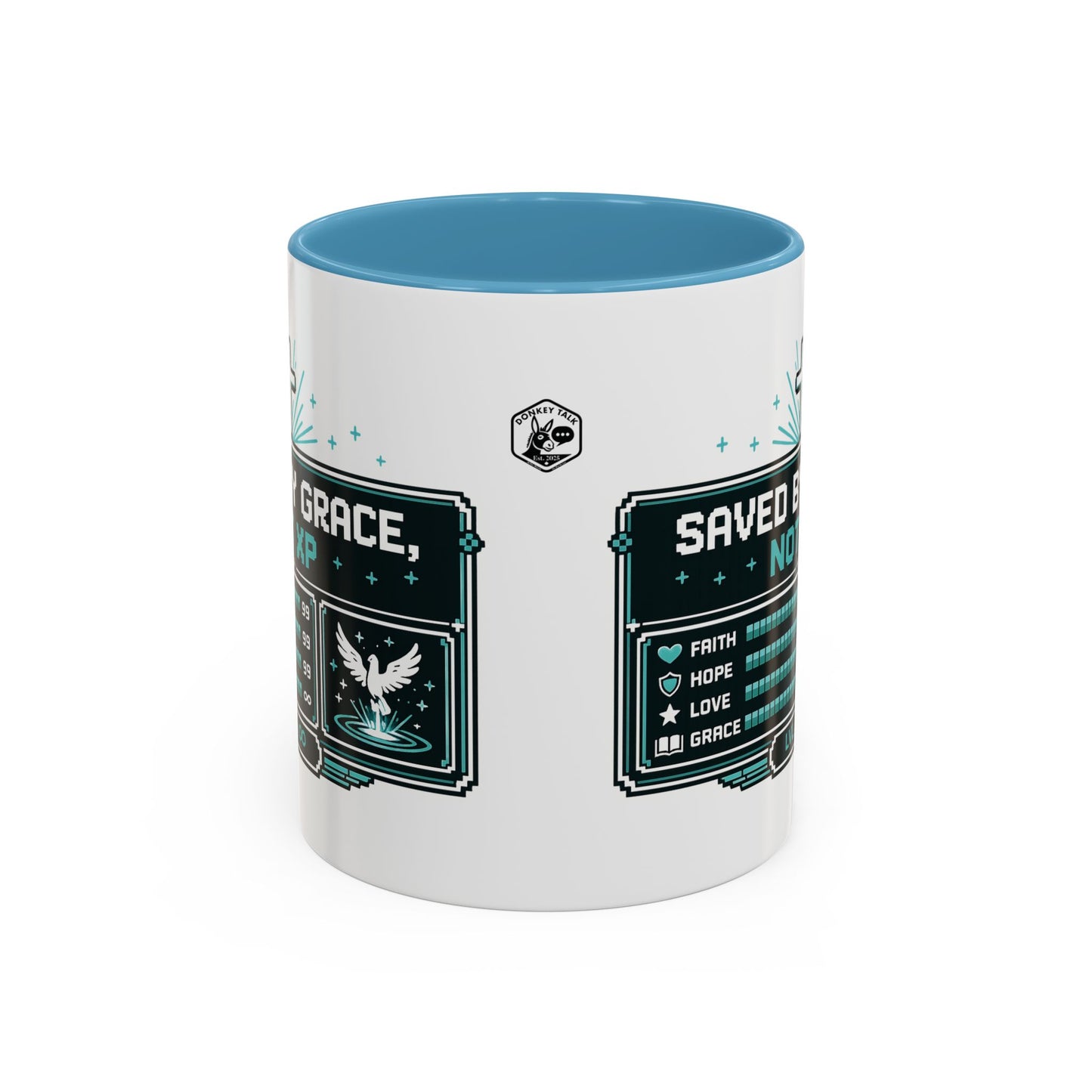 Christian Coffee Mug — "Saved by Grace, Not XP" Gamer Faith Accent Mug