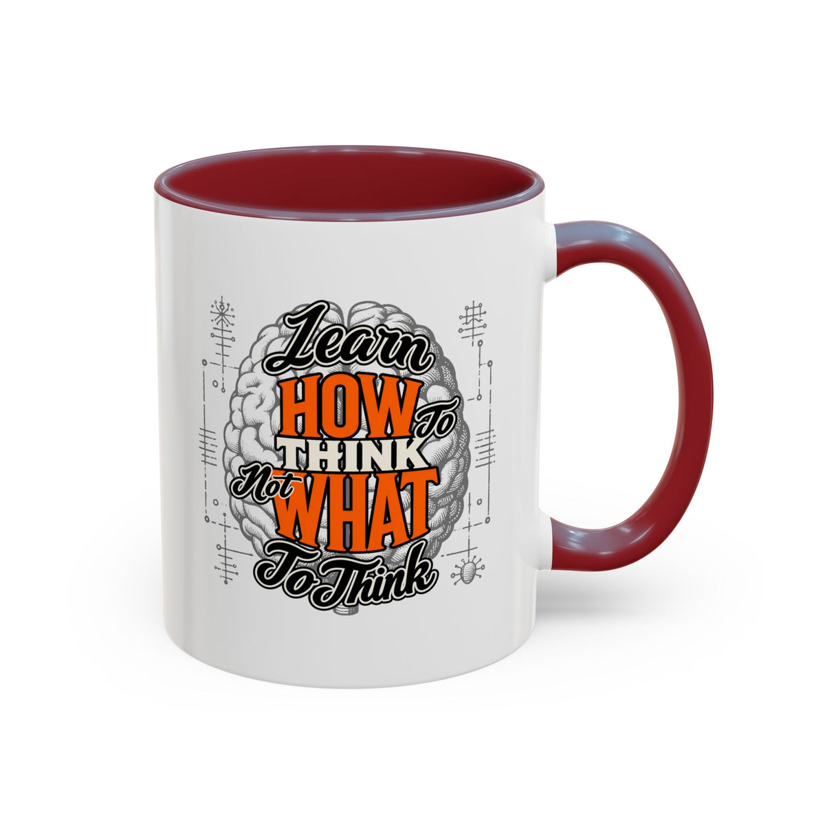 Taza de café con acento: "Aprende a pensar, no qué pensar", taza con frase inspiradora
