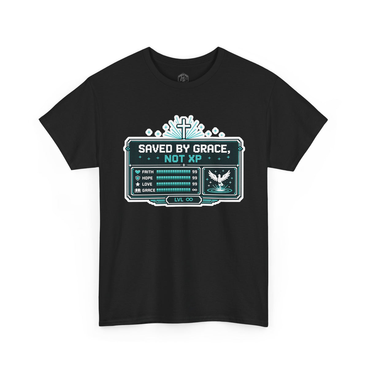 Saved by Grace, Not XP — Christian Gamer T-Shirt for Faith-Filled Gamers