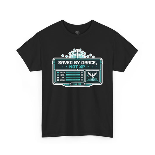 Christian Gamer Tee | 'Saved by Grace, Not XP' Graphic T-Shirt