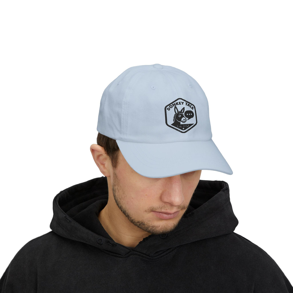Donkey Talk logo white dad cap