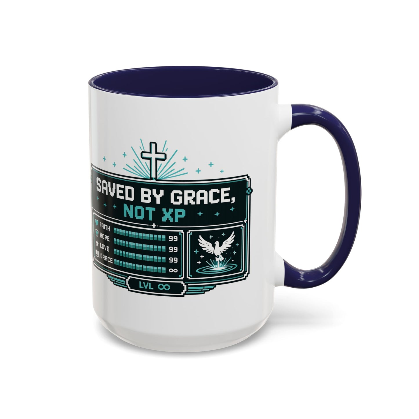 Christian Coffee Mug — "Saved by Grace, Not XP" Gamer Faith Accent Mug