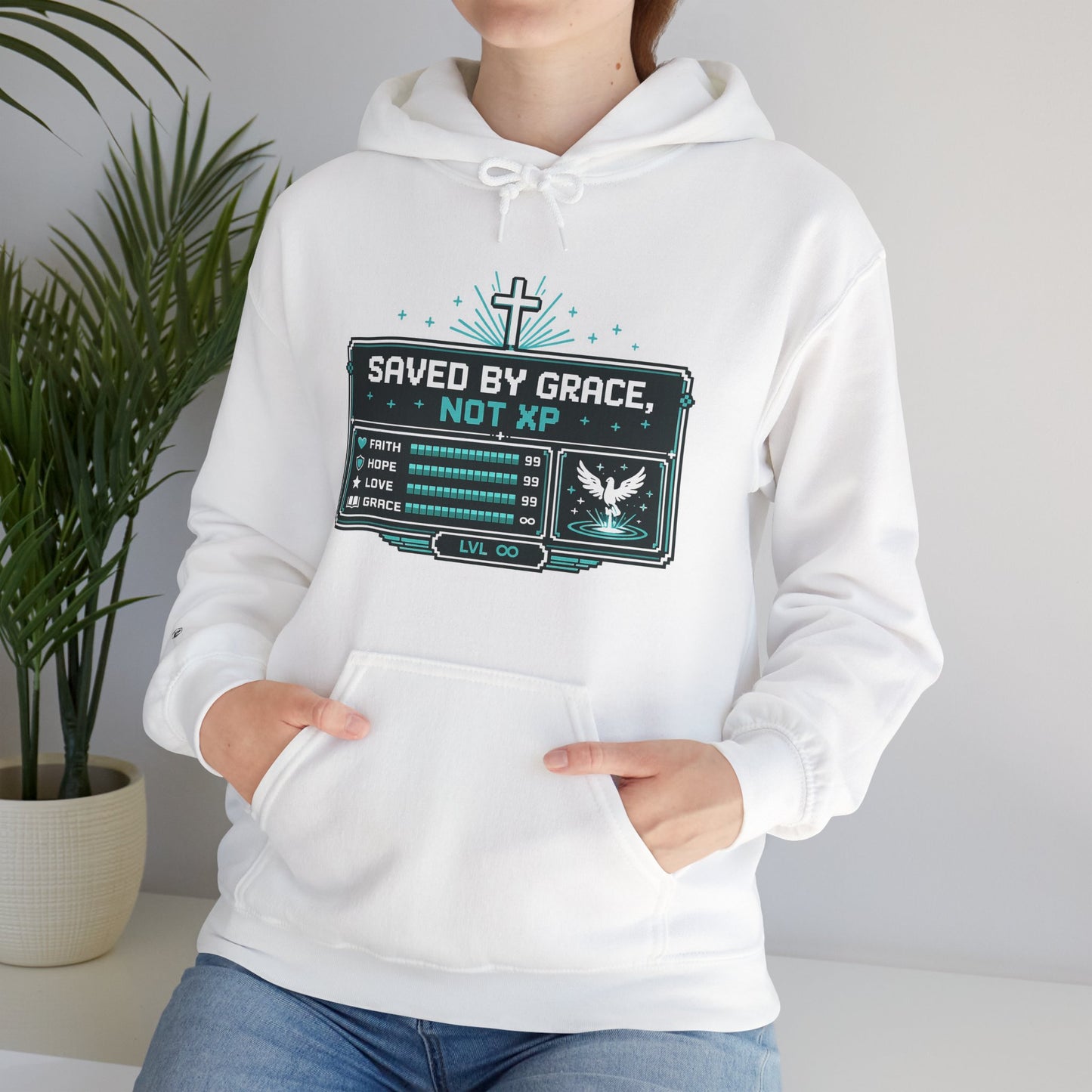 Christian Gamer Hoodie - "Saved by Grace, Not XP" Faith & Gaming Pullover