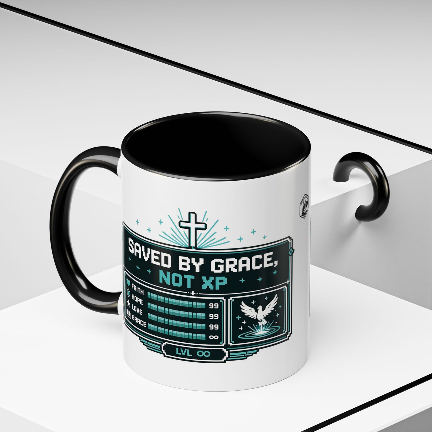 Christian Coffee Mug — "Saved by Grace, Not XP" Gamer Faith Accent Mug