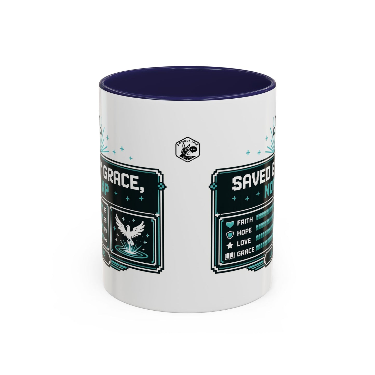 Christian Coffee Mug — "Saved by Grace, Not XP" Gamer Faith Accent Mug