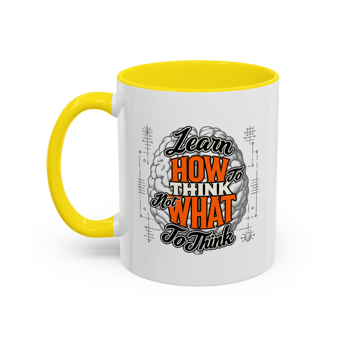 Taza de café con acento: "Aprende a pensar, no qué pensar", taza con frase inspiradora