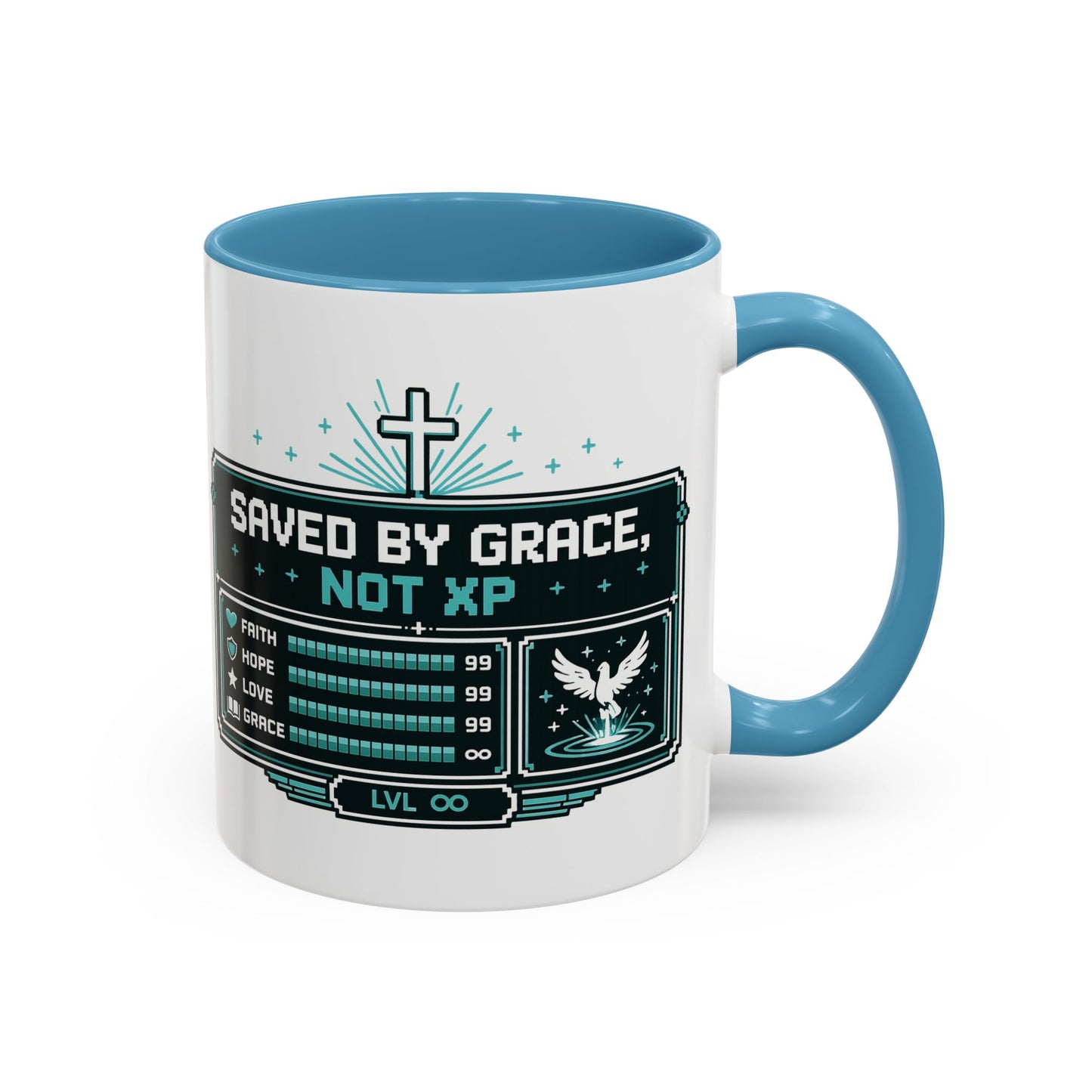 Christian Coffee Mug — "Saved by Grace, Not XP" Gamer Faith Accent Mug