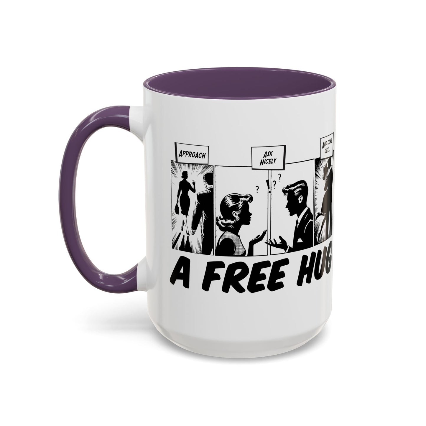 Free Hug Day Accent Coffee Mug – Funny Black & White Comic Speech Bubble Design (11/15 oz)
