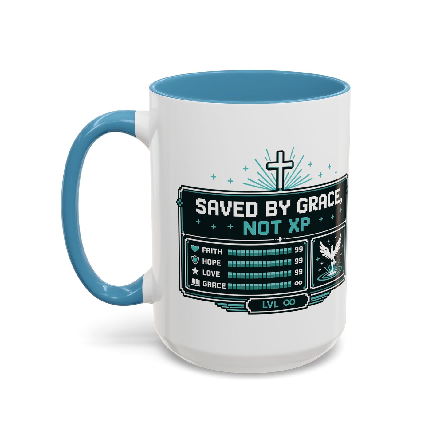 Christian Coffee Mug — "Saved by Grace, Not XP" Gamer Faith Accent Mug