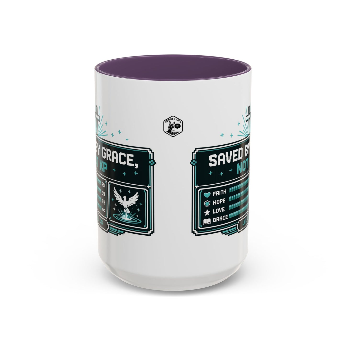 Christian Coffee Mug — "Saved by Grace, Not XP" Gamer Faith Accent Mug