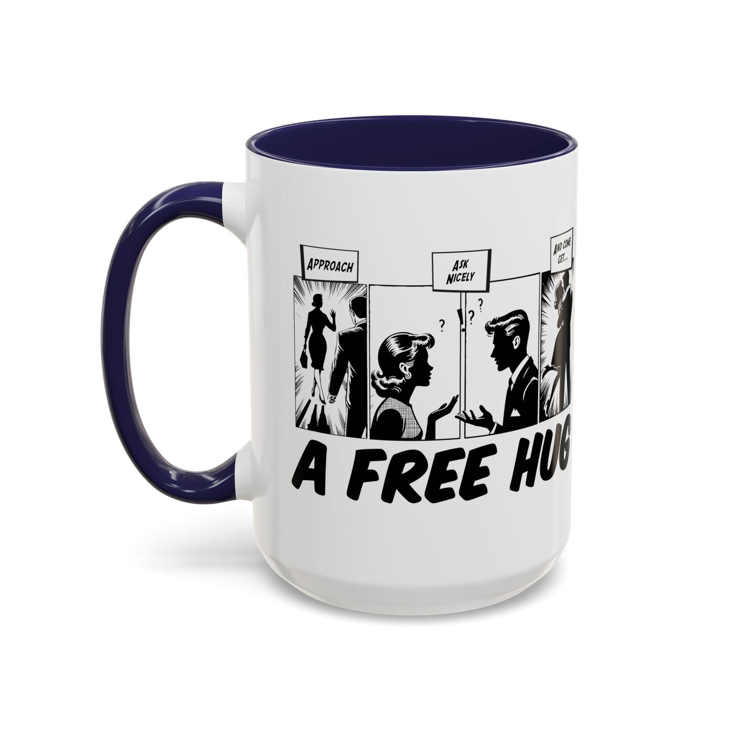 Free Hug Day Accent Coffee Mug – Funny Black & White Comic Speech Bubble Design (11/15 oz)