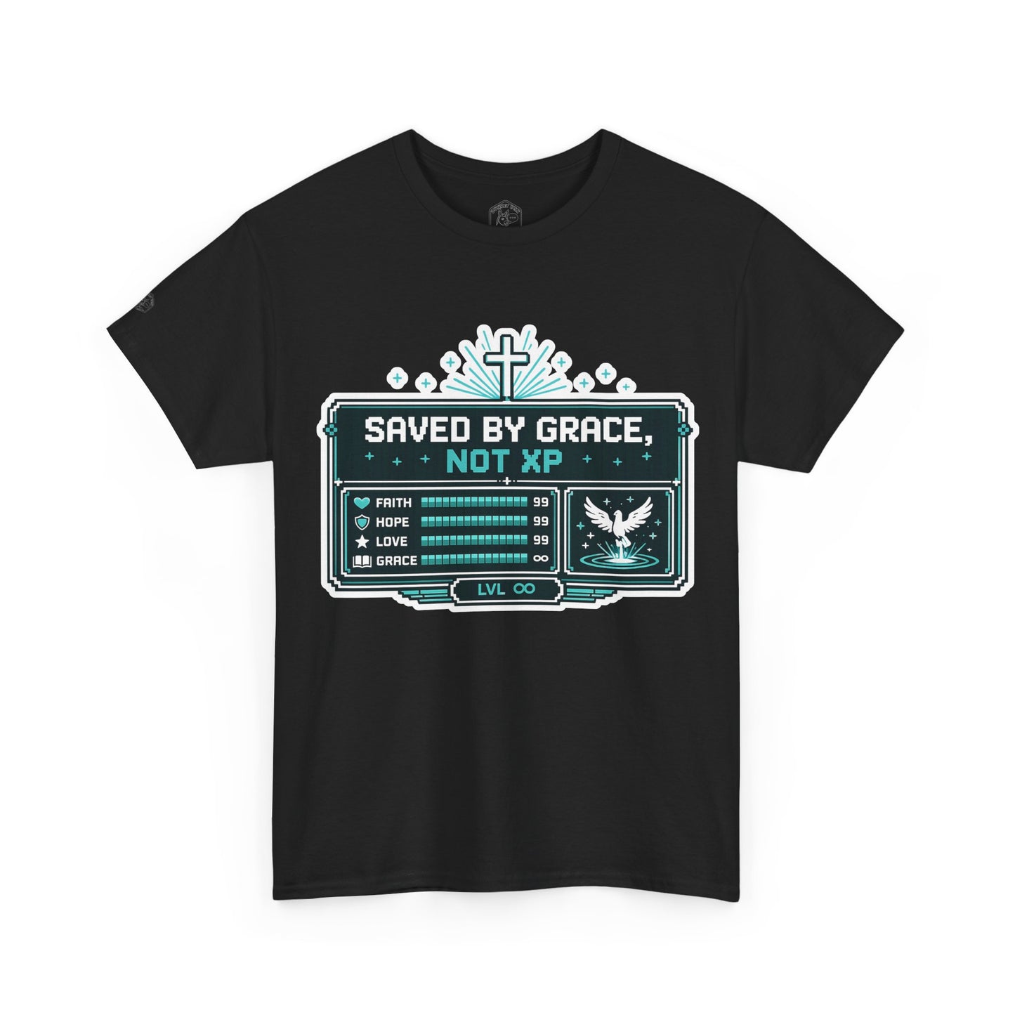 Christian Gamer Tee — "Saved by Grace, Not XP" Graphic T-Shirt