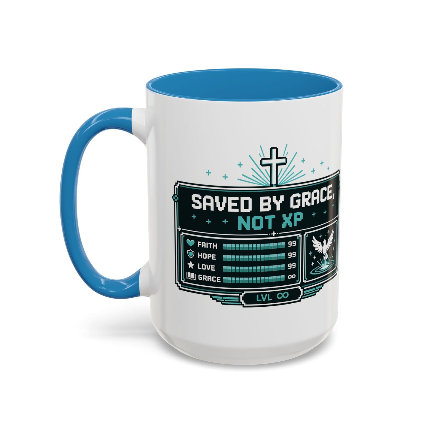 Christian Coffee Mug — "Saved by Grace, Not XP" Gamer Faith Accent Mug