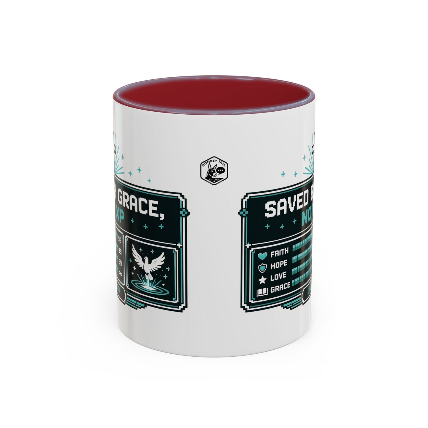 Christian Coffee Mug — "Saved by Grace, Not XP" Gamer Faith Accent Mug