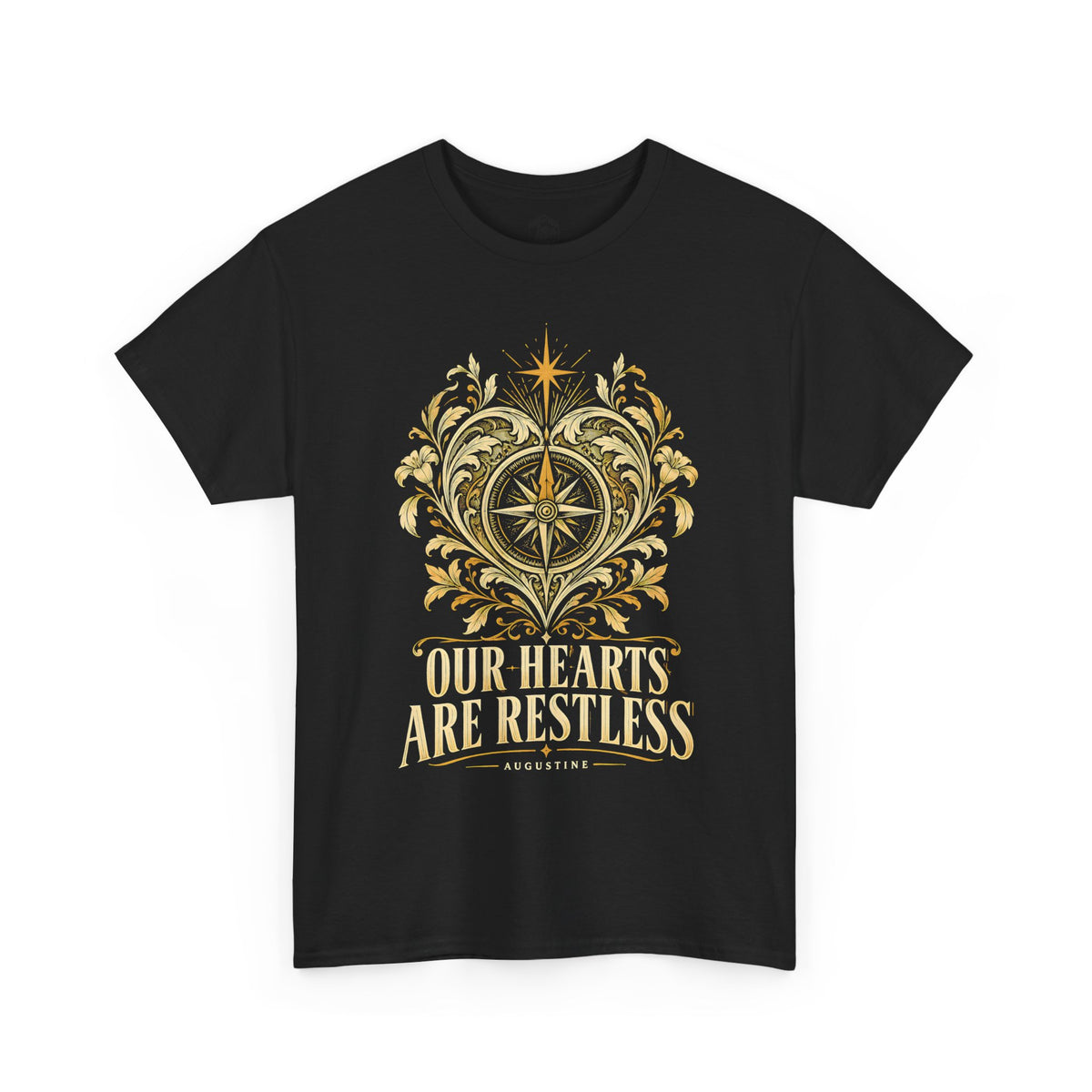 Our Hearts Are Restless Gold Compass Heart T-Shirt | Augustine Christian Tee