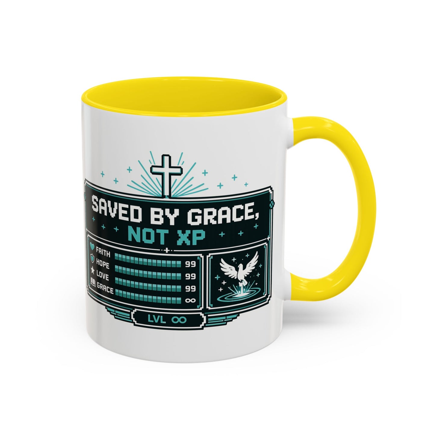 Christian Coffee Mug — "Saved by Grace, Not XP" Gamer Faith Accent Mug