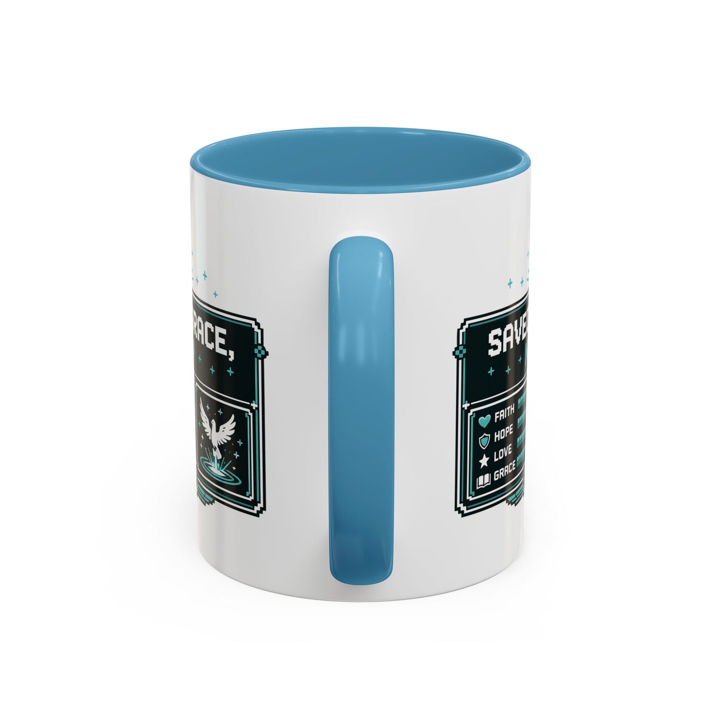 Christian Coffee Mug — "Saved by Grace, Not XP" Gamer Faith Accent Mug