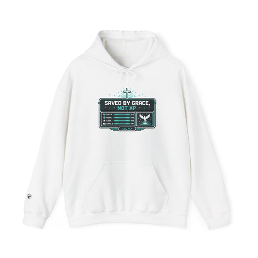 Christian Gamer Hoodie - "Saved by Grace, Not XP" Faith & Gaming Pullover