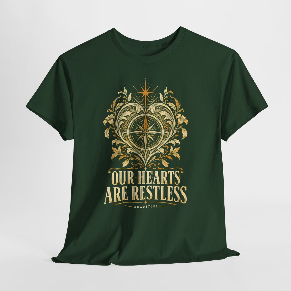 Our Hearts Are Restless Gold Compass Heart T-shirt – Donkey Talk graphic tee