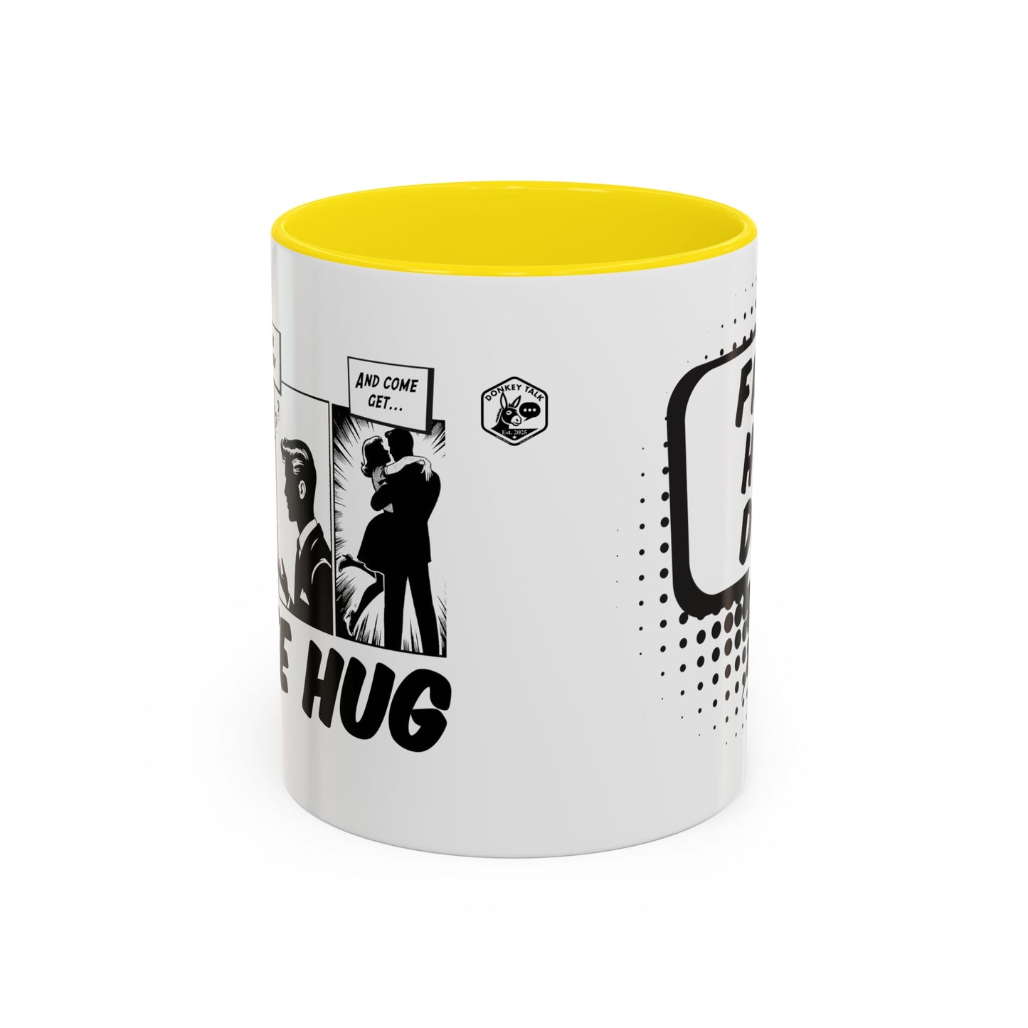 Free Hug Day Accent Coffee Mug – Funny Black & White Comic Speech Bubble Design (11/15 oz)